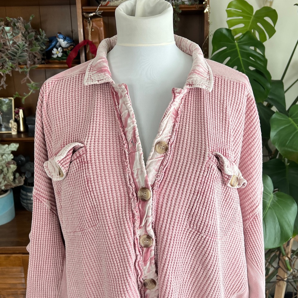 Free People Waffle Scout Arizona Pink Button-Up Shacket Jacket Top XS - Picture 3 of 11